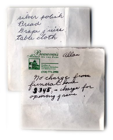 Silver polish, bread, grape juice, table cloth, Allan: No charge from funeral home, $345 charge for opening grave.