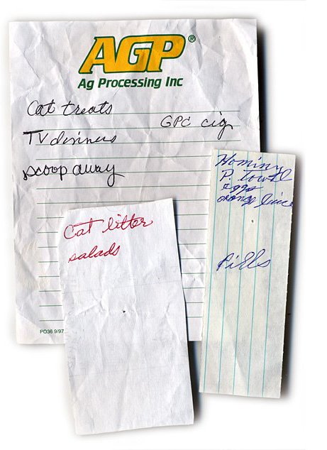 Cat treats, TV dinners, Scoop Away, GPC cig; Cat litter, salads; Hominy, p. towel, eggs, orange juice, pills