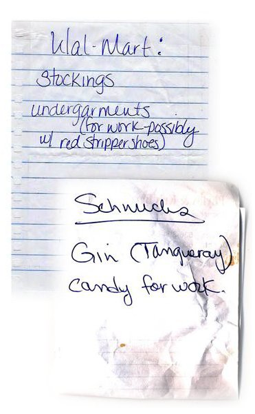 Wal-Mart: Stocking, undergarments (for work - possibly with red stripper shoes); Schnucks: Gin (Tanqueray), candy for work