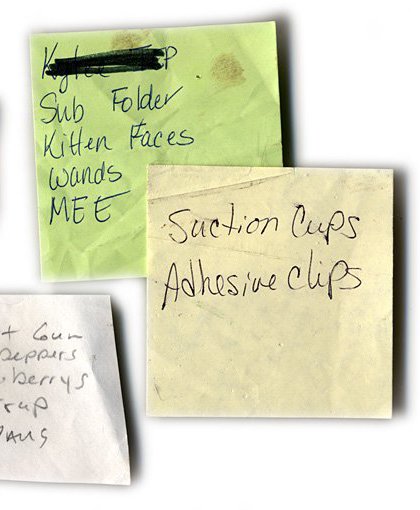 Squirt gun, hotpeppers, strawberrys, bee trap, pie pans; Suction cups, adhesive clips; Sub folder, kitten faces, wands, MEE