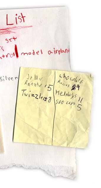 My list: Model train, model boat, remote control model airplane, Lego set, books, mini iPod; Jolly Rancher, Twizzlers, chocolate raisins, Hershey's, Sno-Caps