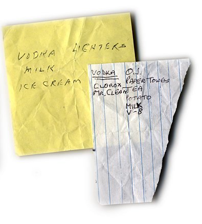 Vodka, lighter, milk, ice cream; O.J., paper towels, Clorox, Mr. Clean, tea, potato, milk, V8